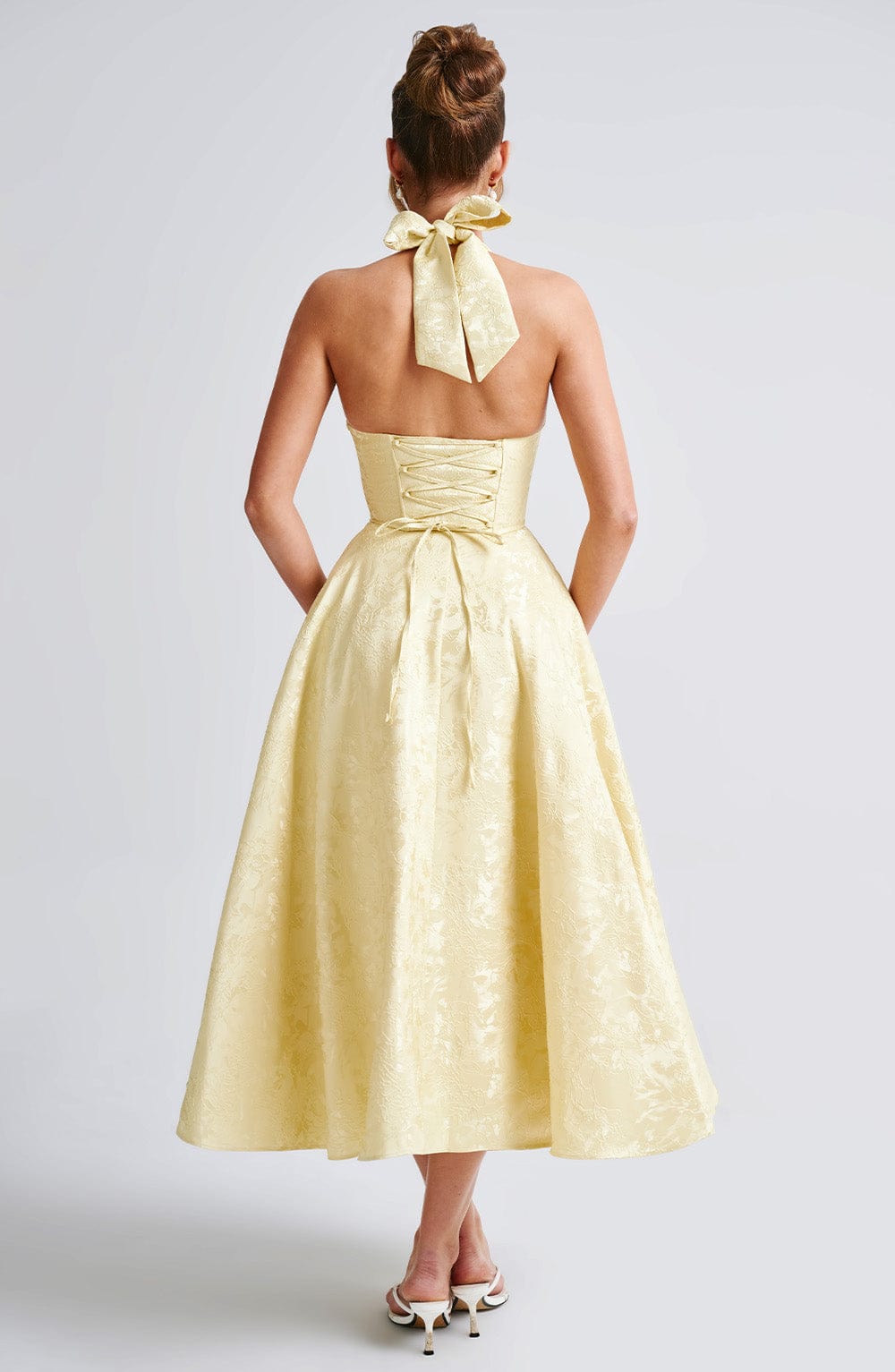 Serena Robe Midi Femme – Robe Dos Nu Jacquard avec Corsage Ajusté & Jupe Évasée