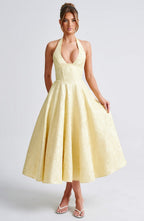 Serena Robe Midi Femme – Robe Dos Nu Jacquard avec Corsage Ajusté & Jupe Évasée