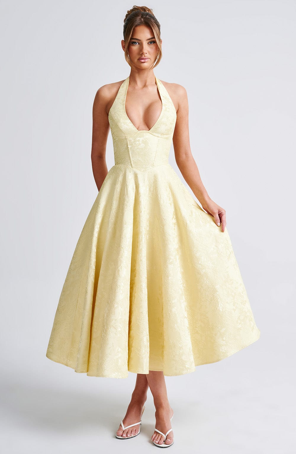 Serena Robe Midi Femme – Robe Dos Nu Jacquard avec Corsage Ajusté & Jupe Évasée