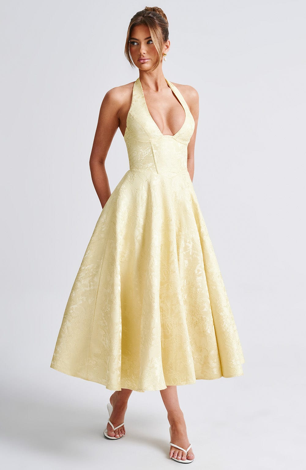 Serena Robe Midi Femme – Robe Dos Nu Jacquard avec Corsage Ajusté & Jupe Évasée