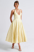 Serena Robe Midi Femme – Robe Dos Nu Jacquard avec Corsage Ajusté & Jupe Évasée