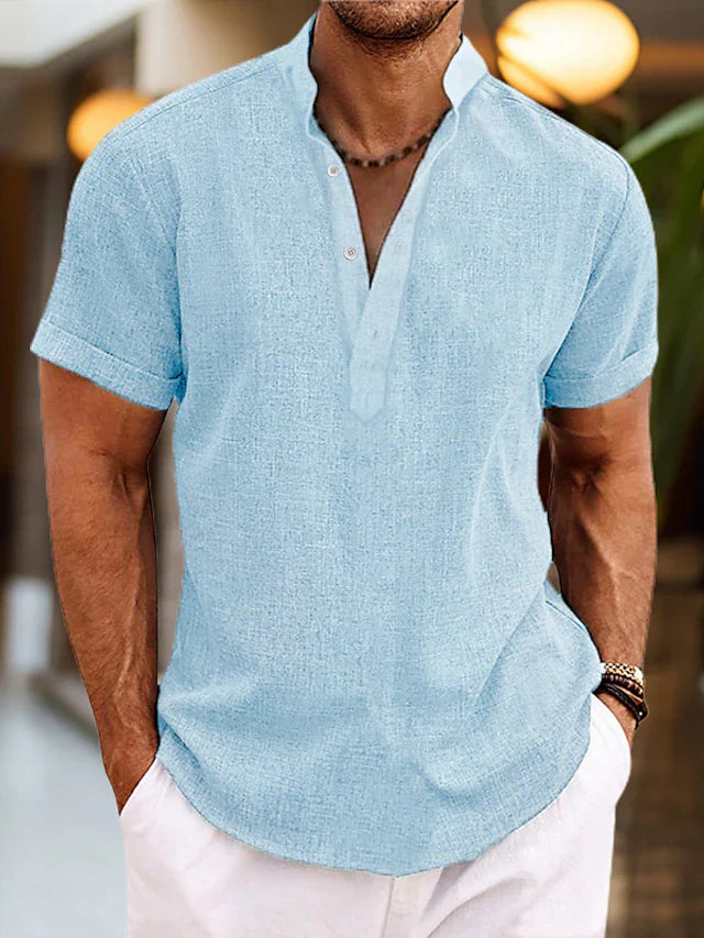 Lorenzo Chemise Homme – Chemise d’Été en Lin avec Col Henley et Manches Courtes