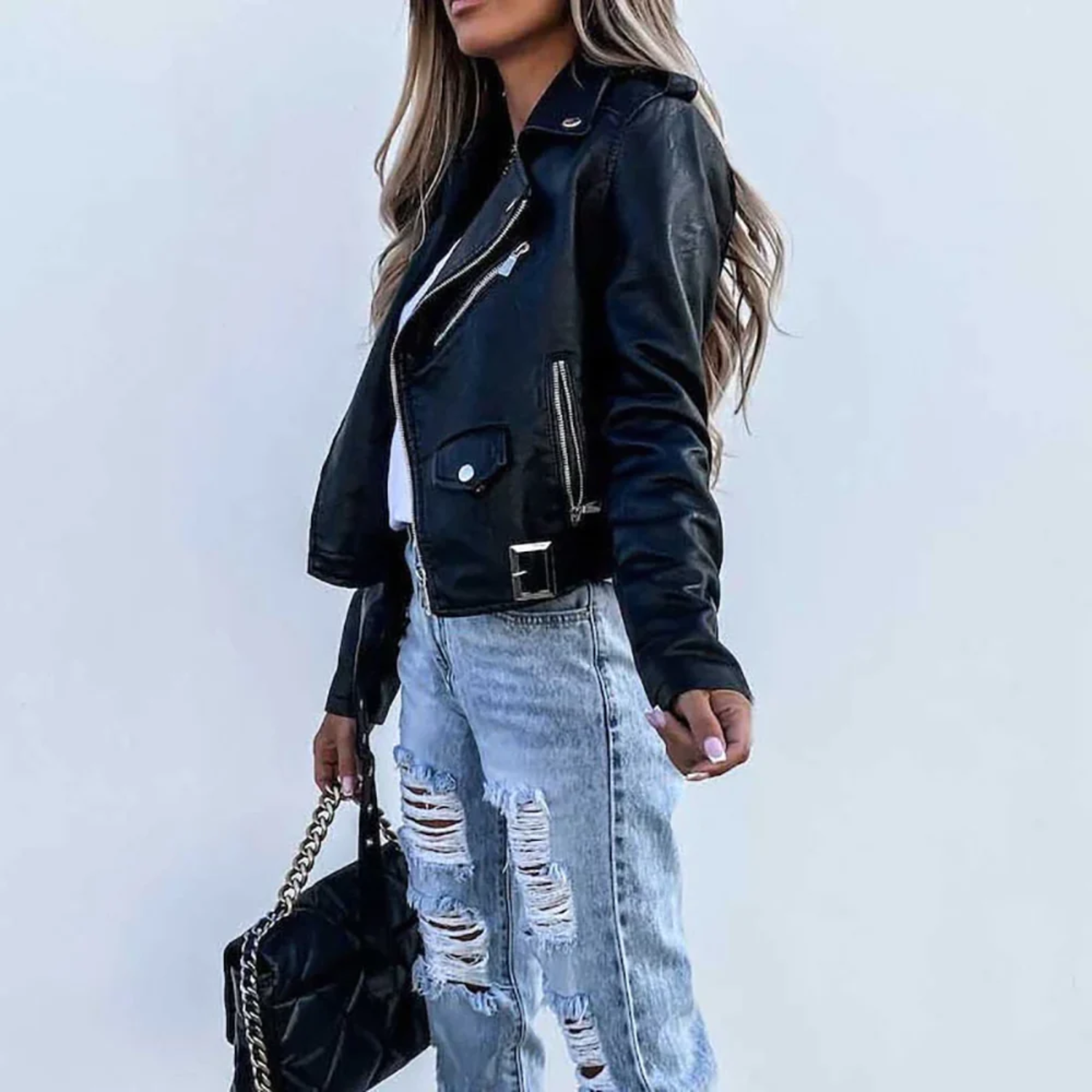 Romy Veste Femme en Cuir – Blouson Biker Zippé avec Ceinture Élégante