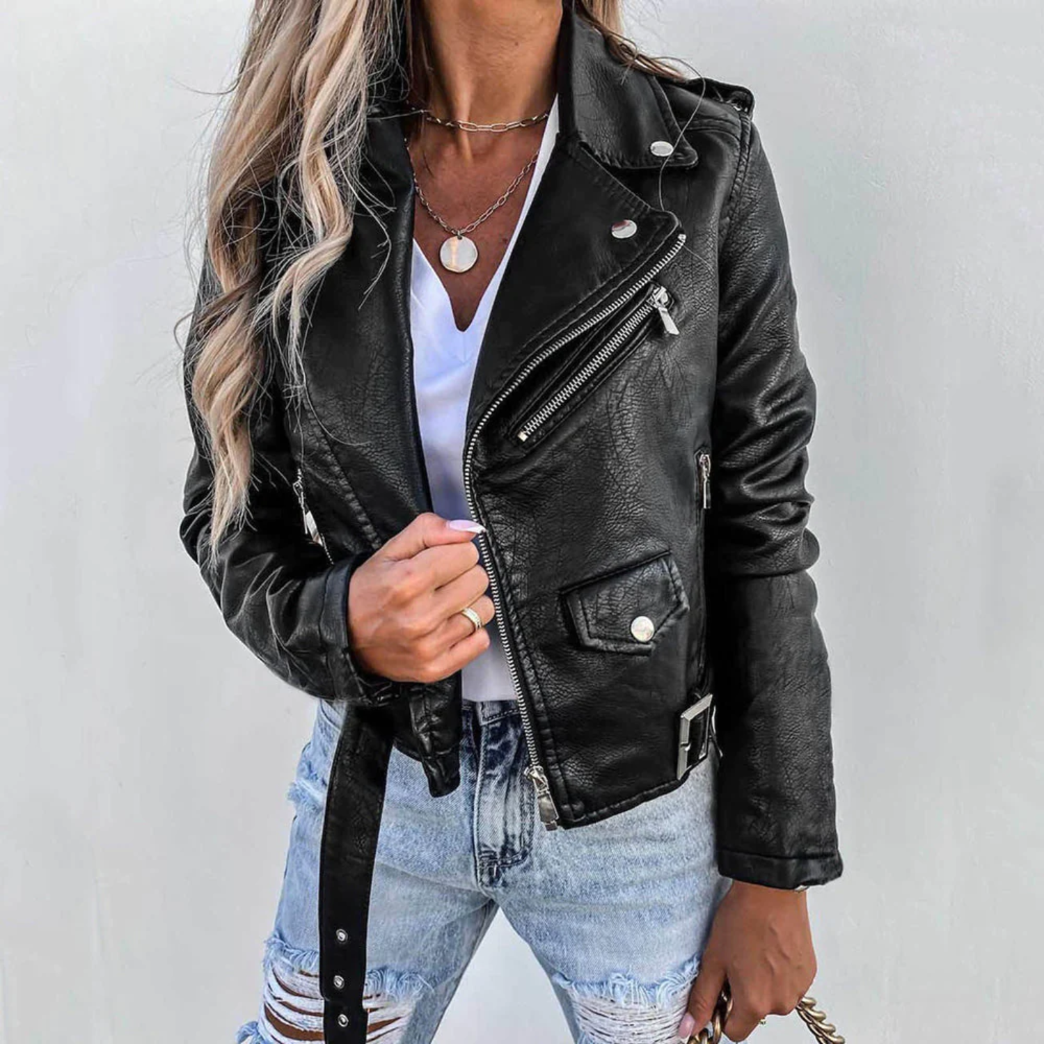 Romy Veste Femme en Cuir – Blouson Biker Zippé avec Ceinture Élégante