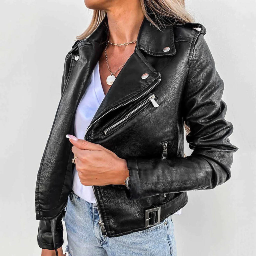 Romy Veste Femme en Cuir – Blouson Biker Zippé avec Ceinture Élégante