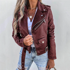 Romy Veste Femme en Cuir – Blouson Biker Zippé avec Ceinture Élégante