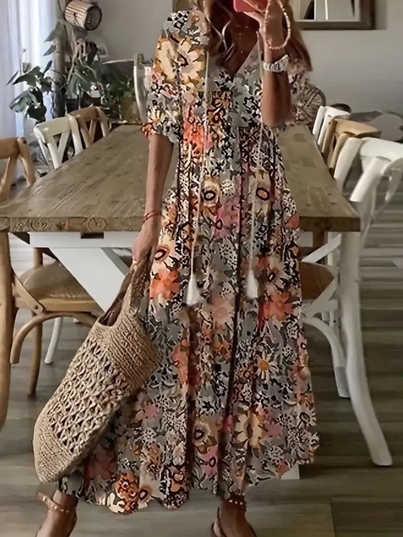 Madison Robe Bohème Femme – Robe Maxi à Col V, Motif Ikat & Coupe Fluide