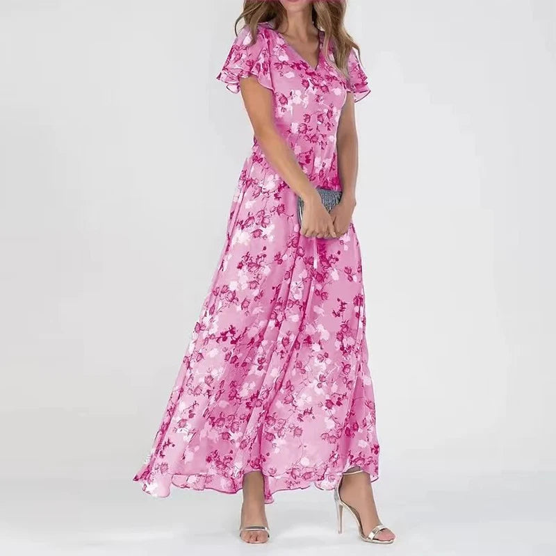 Camille Robe Midi Femme – Robe Fluide à Imprimé Floral, Manches Courtes & Coupe Élégante