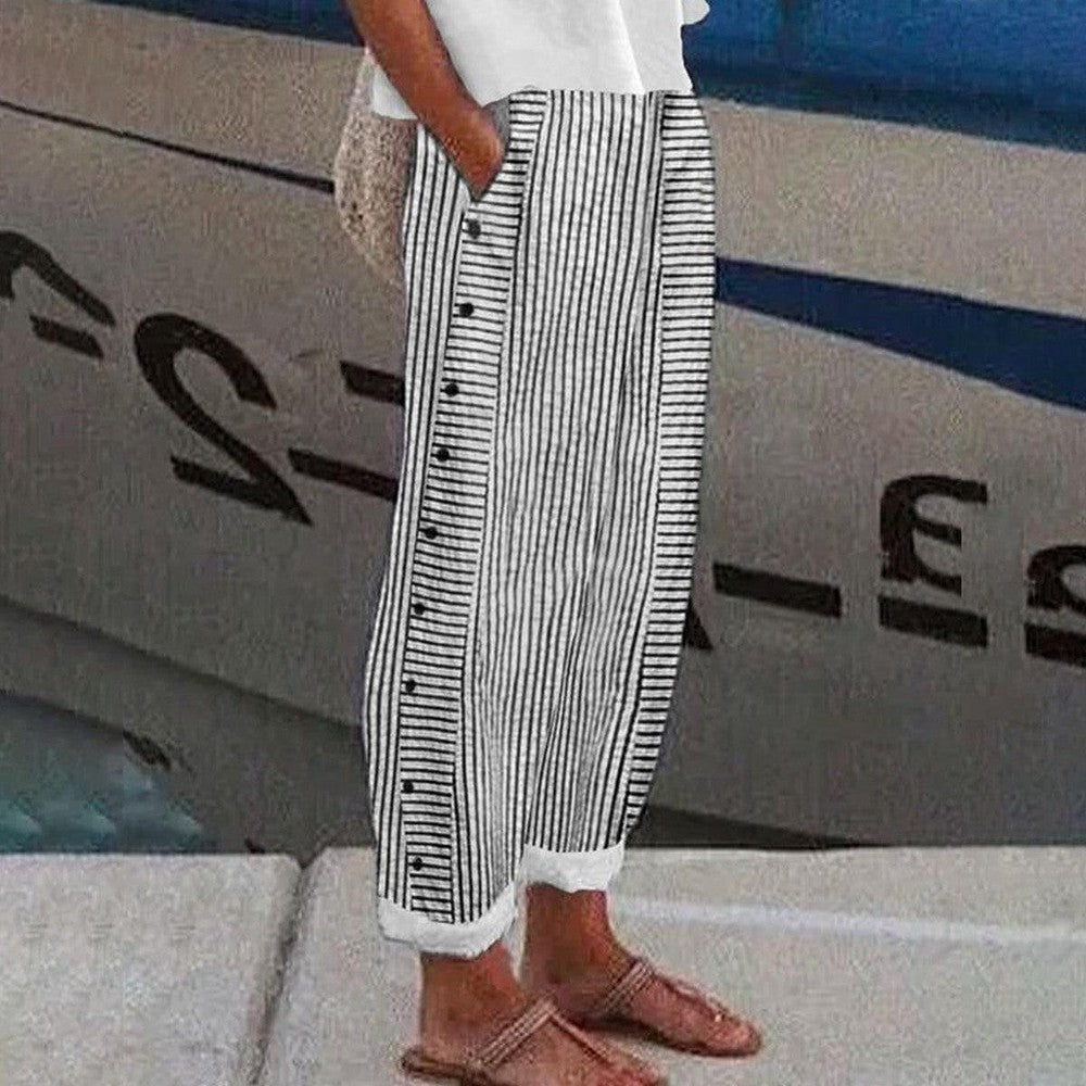 Sutton Pantalon Femme – Pantalon Rayé Décontracté avec Poches Latérales et Coupe Ample