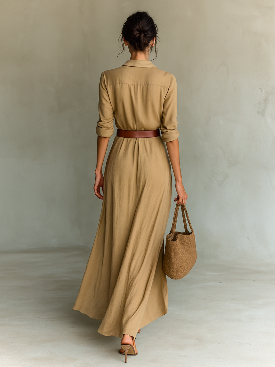 Bianca Robe Maxi à Revers – Robe Élégante Ceinturée à Manches Longues