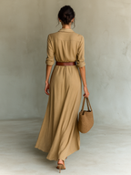 Bianca Robe Maxi à Revers – Robe Élégante Ceinturée à Manches Longues