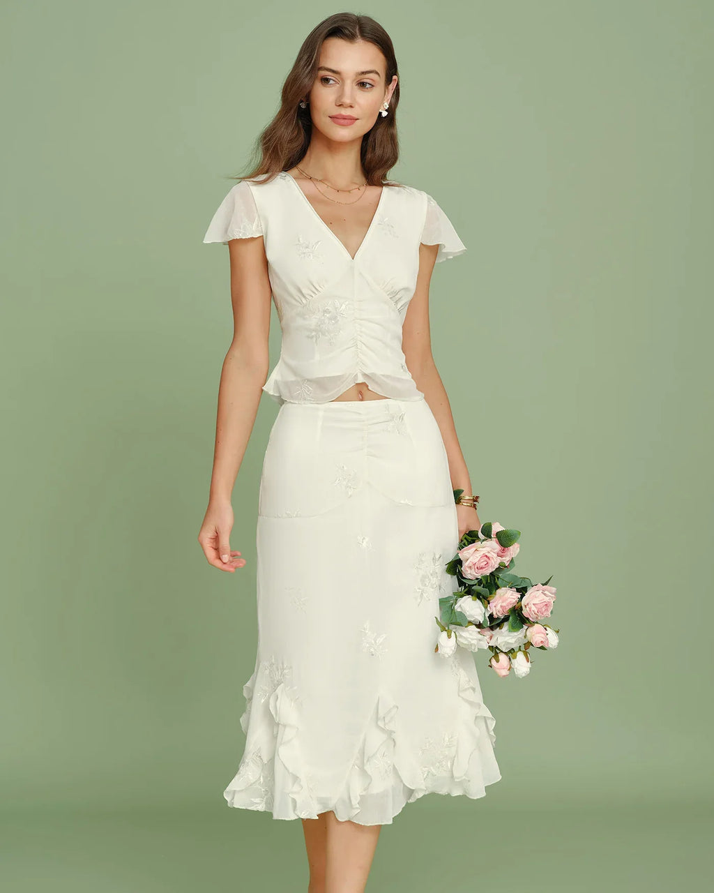 Emerson Blouse Femme Col V Brodée à Manches Volantées Élégante et Chic