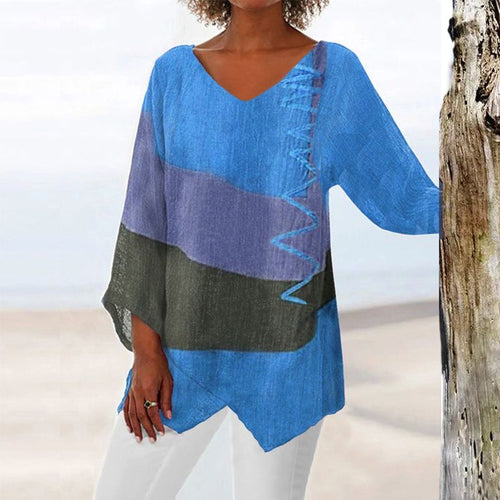 Anaïs Top Femme – Col V, Motif Bicolore & Coupe Fluide Confortable