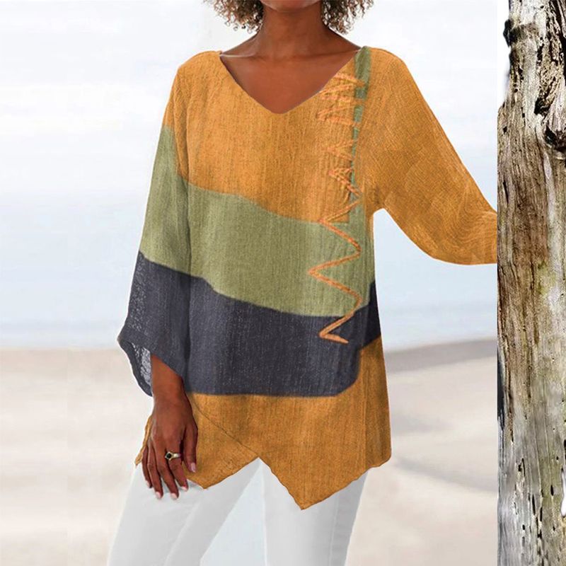 Anaïs Top Femme – Col V, Motif Bicolore & Coupe Fluide Confortable