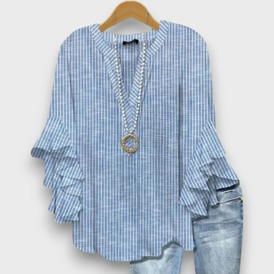 Aurore Blouse Fleurie à Col V et Manches Volantées au Style Romantique Élégant