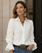 Valerie Blouse Femme – Broderie Florale Raffinée, Col Classique et Manches Volantées