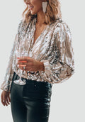 Solange Blouse à Paillettes Scintillantes et Col V Élégant à Manches Longues