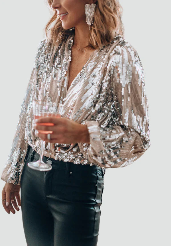 Solange Blouse à Paillettes Scintillantes et Col V Élégant à Manches Longues