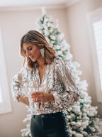 Solange Blouse à Paillettes Scintillantes et Col V Élégant à Manches Longues