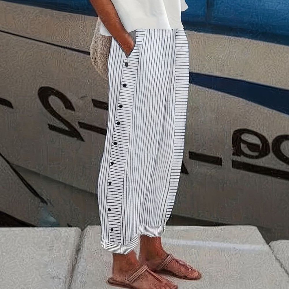 Sutton Pantalon Femme – Pantalon Rayé Décontracté avec Poches Latérales et Coupe Ample