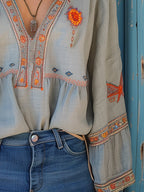 Marisol Blouse Femme Bohème – Blouse Brodée à Col V avec Manches Amples
