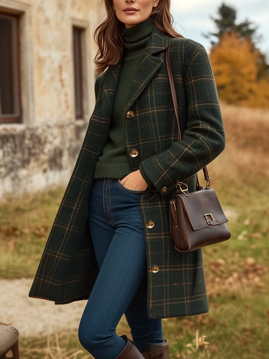 Isolde Manteau Femme Laine – Manteau Long à Carreaux avec Coupe Élégante Ajustée