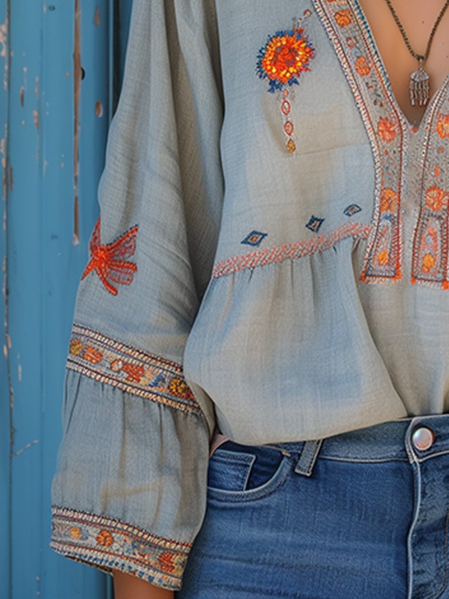 Marisol Blouse Femme Bohème – Blouse Brodée à Col V avec Manches Amples