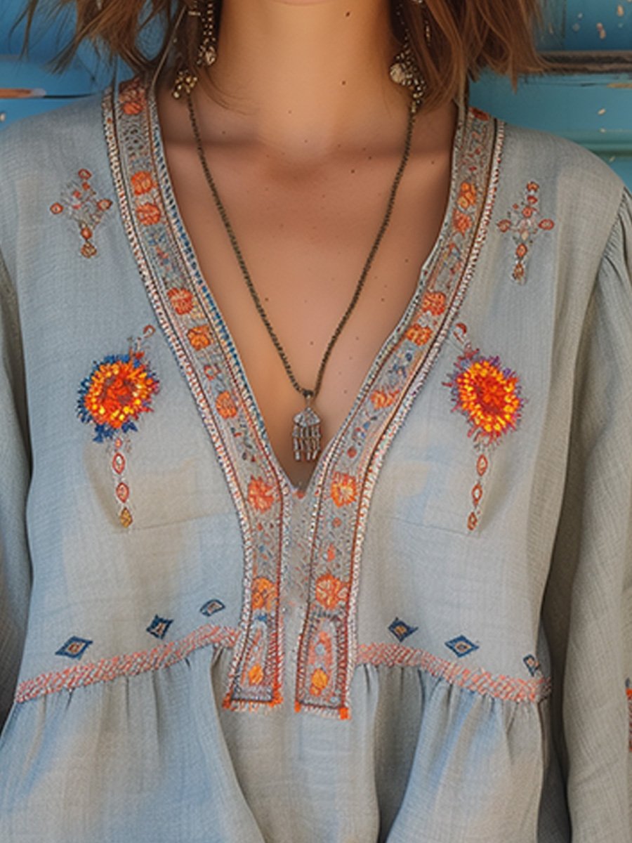 Marisol Blouse Femme Bohème – Blouse Brodée à Col V avec Manches Amples