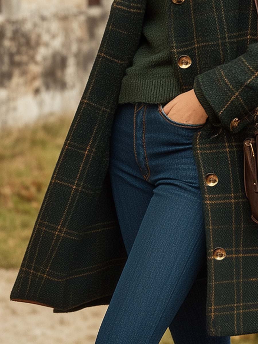 Abrigo de lana Isolde para mujer – Abrigo largo a cuadros con corte elegante ajustado