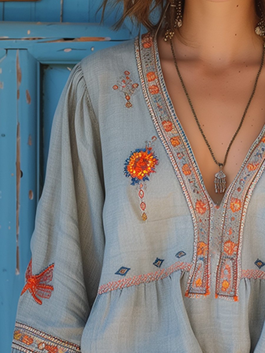 Marisol Blouse Femme Bohème – Blouse Brodée à Col V avec Manches Amples