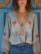 Marisol Blouse Femme Bohème – Blouse Brodée à Col V avec Manches Amples