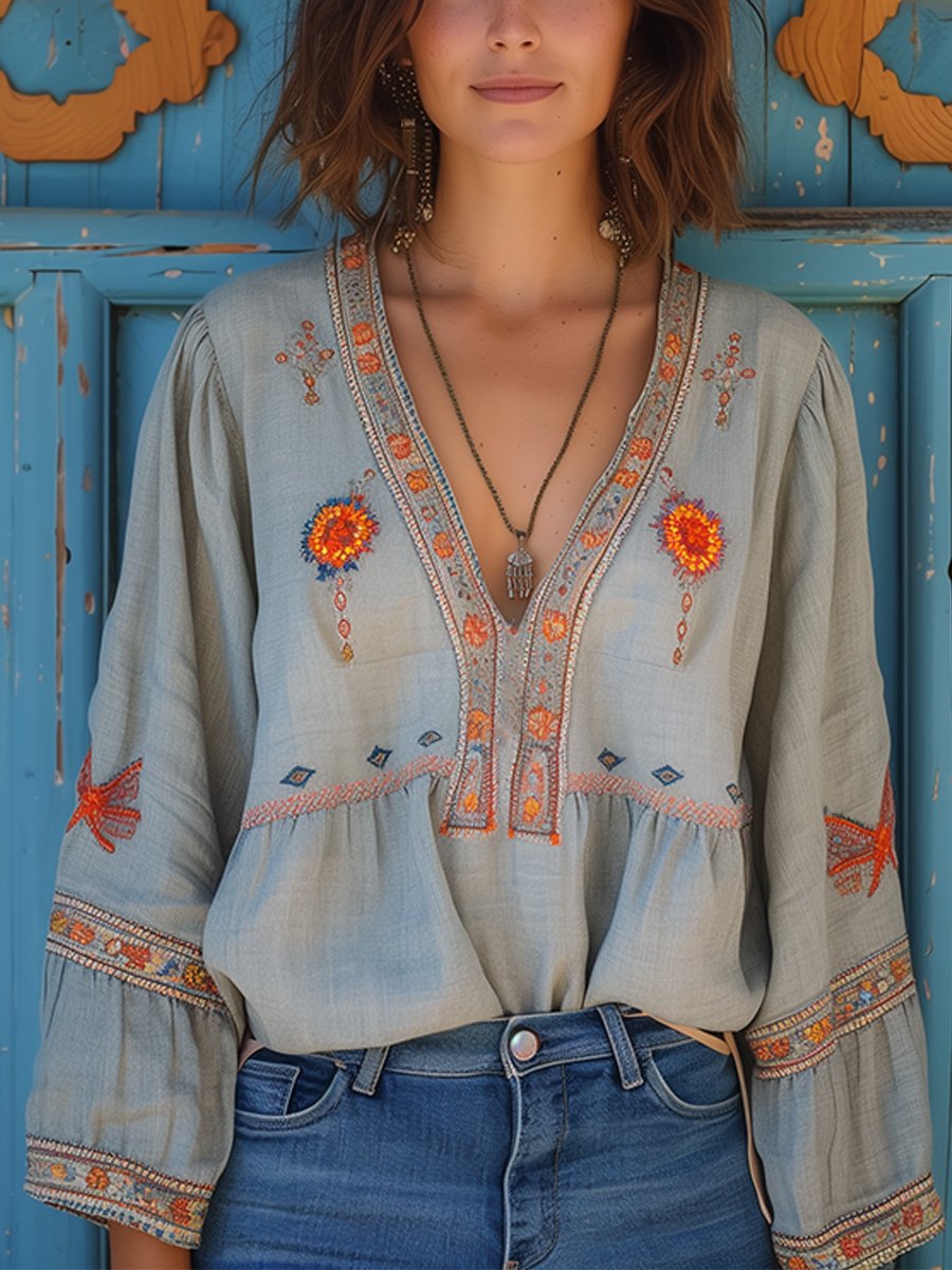 Marisol Blouse Femme Bohème – Blouse Brodée à Col V avec Manches Amples