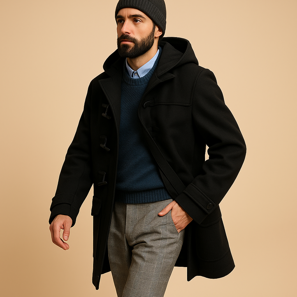 Wyatt Manteau Long Homme – Manteau à Capuche Élégant avec Fermeture à Brandebourgs et Poches Pratiques