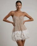 Lorène Robe Femme Mini de Soirée à Paillettes avec Finitions en Plumes