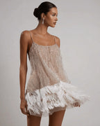 Lorène Robe Femme Mini de Soirée à Paillettes avec Finitions en Plumes