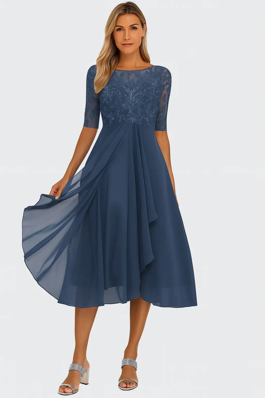 Delilah Robe Midi Femme en Mousseline avec Dentelle Élégante pour Cérémonies
