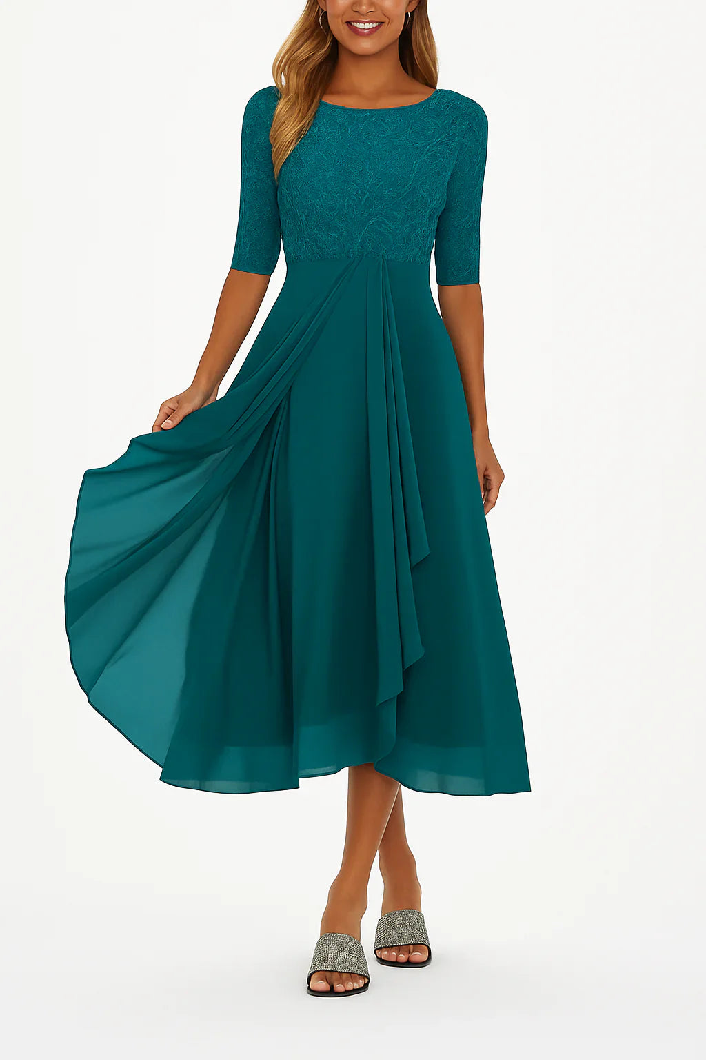 Delilah Robe Midi Femme en Mousseline avec Dentelle Élégante pour Cérémonies
