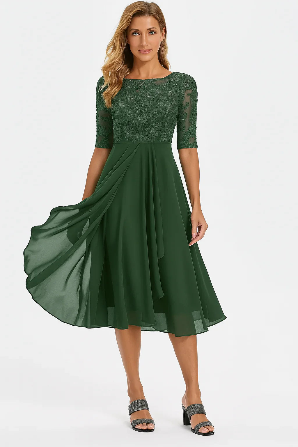 Delilah Robe Midi Femme en Mousseline avec Dentelle Élégante pour Cérémonies