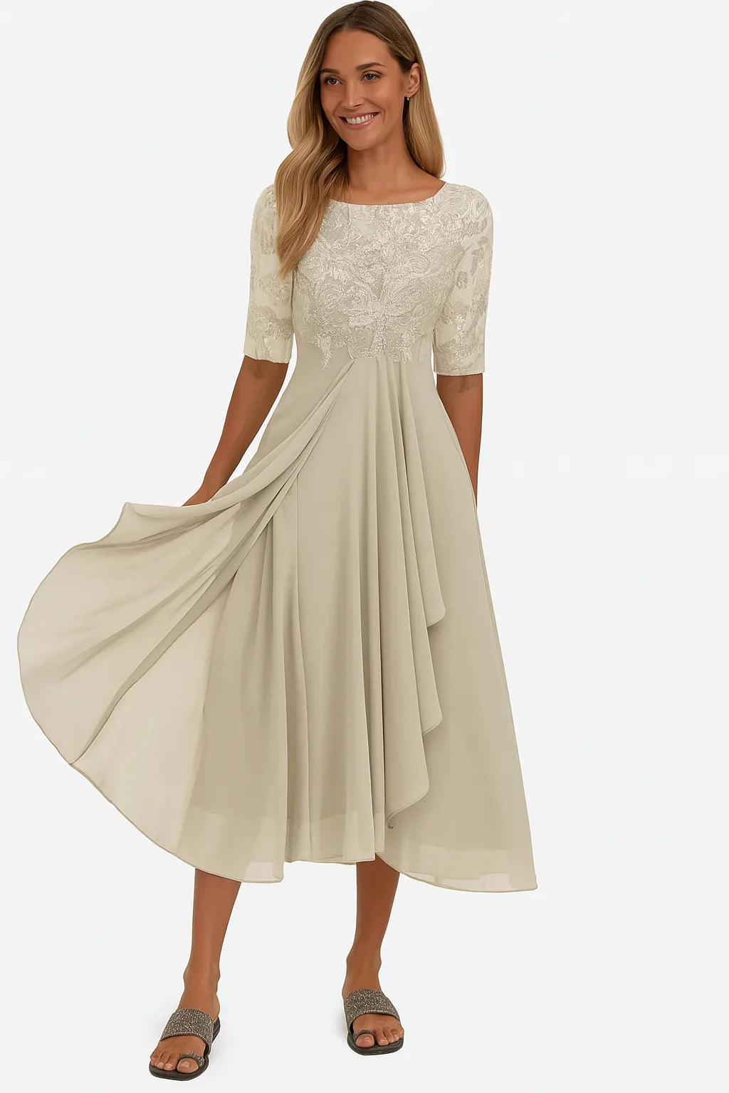 Delilah Robe Midi Femme en Mousseline avec Dentelle Élégante pour Cérémonies