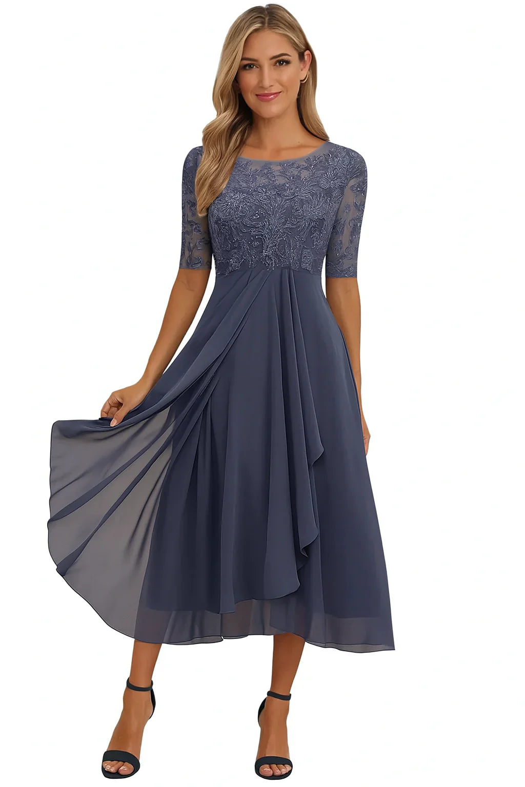 Delilah Robe Midi Femme en Mousseline avec Dentelle Élégante pour Cérémonies
