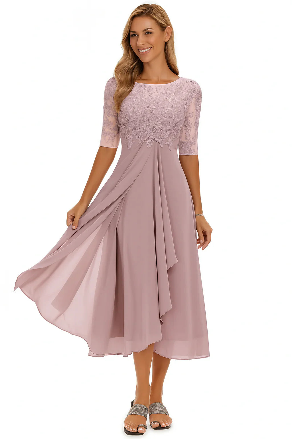 Delilah Robe Midi Femme en Mousseline avec Dentelle Élégante pour Cérémonies