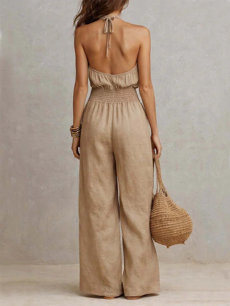 Maïlys Combinaison Femme Beige à Col Halter et Jambes Larges en Lin