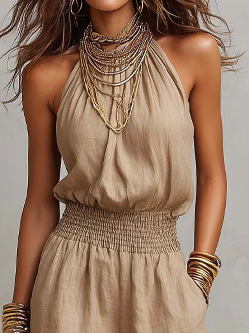Maïlys Combinaison Femme Beige à Col Halter et Jambes Larges en Lin