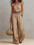 Maïlys Tuta da Donna Beige con Collo Halter e Gambe Larghe in Lino