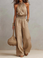 Maïlys Tuta da Donna Beige con Collo Halter e Gambe Larghe in Lino