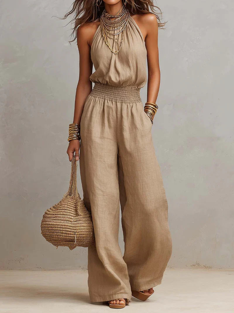 Maïlys Combinaison Femme Beige à Col Halter et Jambes Larges en Lin