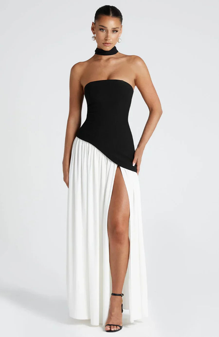 Amélie Robe Longue Femme – Robe Bustier Élégante avec Fente Haute & Foulard Assorti