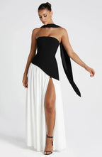 Amélie Robe Longue Femme – Robe Bustier Élégante avec Fente Haute & Foulard Assorti