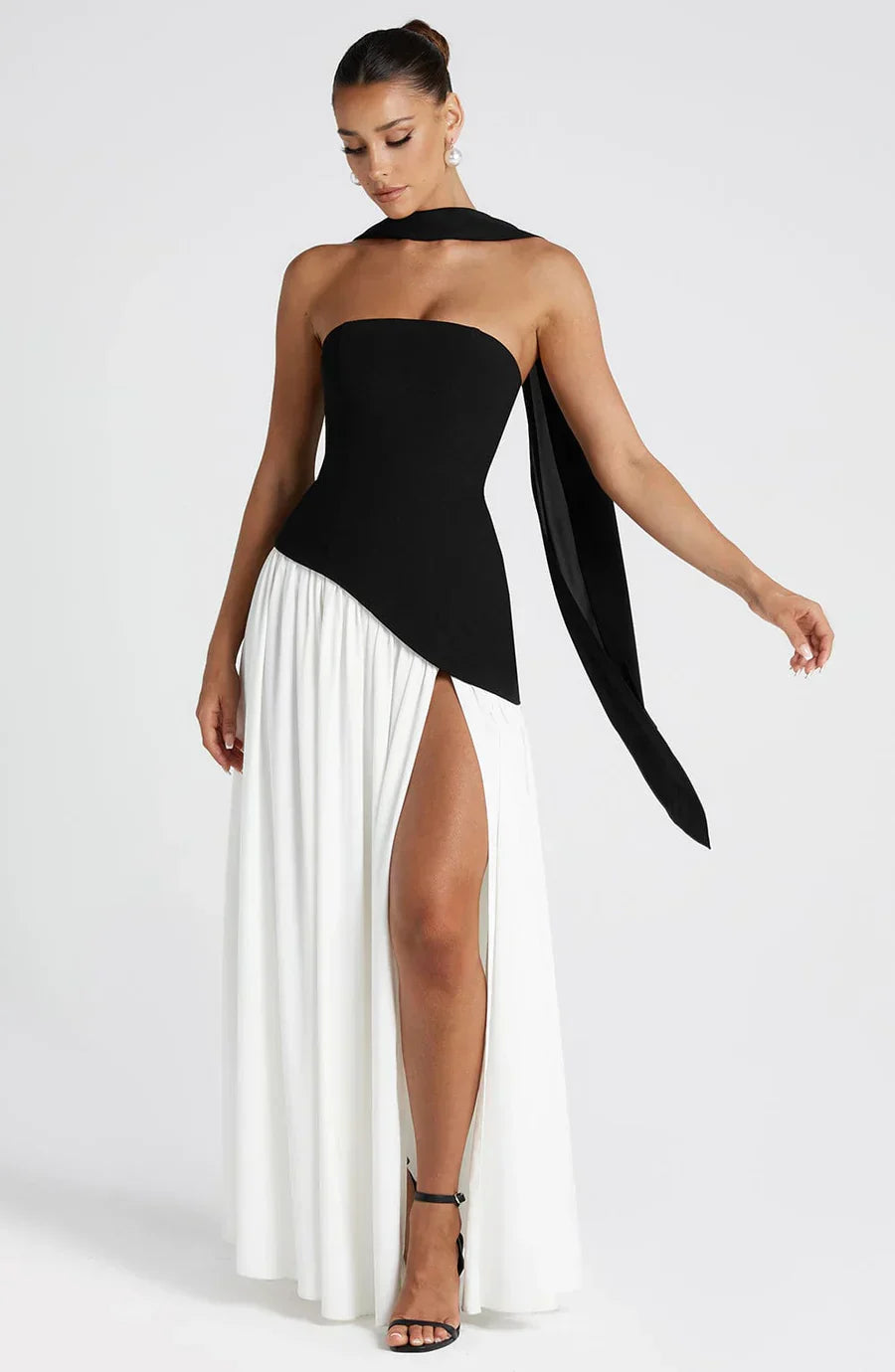 Amélie Robe Longue Femme – Robe Bustier Élégante avec Fente Haute & Foulard Assorti