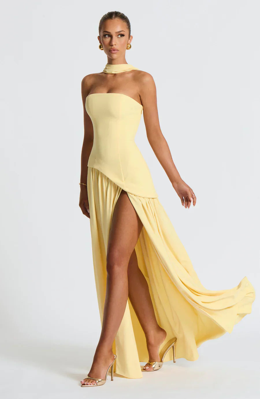 Amélie Robe Longue Femme – Robe Bustier Élégante avec Fente Haute & Foulard Assorti